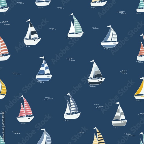 Marine seamless pattern with cartoon boats