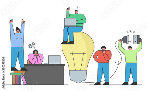 Concept Of Finding Startup Ideas, Development Of New Solutions And Launch New Business. People Work Together, Search Ideas And Launch Startups. Cartoon Linear Outline Flat Vector illustration