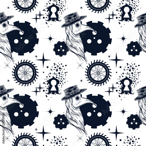 Steampunk seamless pattern with plague doctor, mechanism, cogwheels.