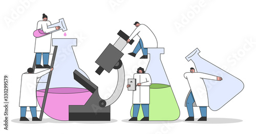 Laboratory Experiments Concept. Team of Chemists and Laboratory Technicians Is Making An Chemical Experiments Under Laboratory Conditions. Cartoon Linear Outline Flat Vector Illustrations
