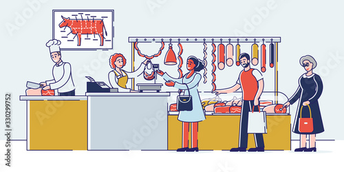 Butchery Shop Concept. People Are Choosing And Buying Meat And Meat Products. Sellers Offers Fresh Assortment Of Various Types of Products. Set Of Cartoon Linear Outline Flat Vector Illustration