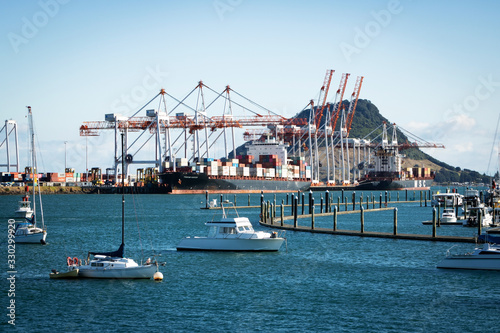 TAURANGA, NEW ZEALAND - MARCH 6, 2020: Cargo ships docked into Tauranga Harbour Port waiting for the adjacent container cranes to load. Mount Maunganui in the background.