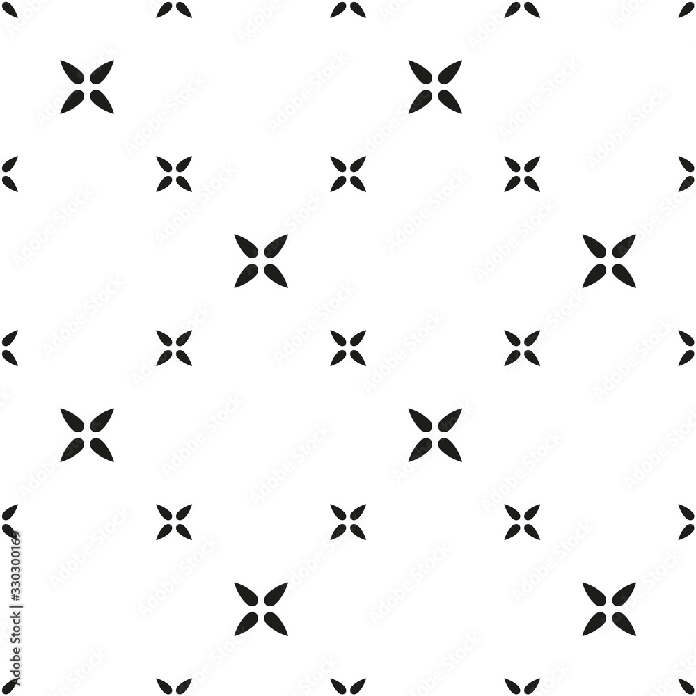Abstract geometric diagonal seamless pattern. Black minimalistic vector flowers with four petals on white background. Simple vector illustration. Polka dot design for printing on textile, fabric