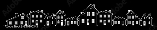A charming street in the U.S. with houses of different design and architecture. Many options of windows and doors. A header for a website or an article about real estate. A wide panorama.