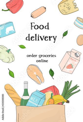 Poster with grocery and farm vegetables in a paper bag on a white background. Template.