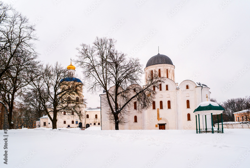 The Savior Transfiguration Cathedral of Chernihiv and Borys and Hlib Cathedral behind the tree branches