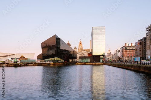 Skyline of Liverpool, England, UK during the sunrise. Modern buildings