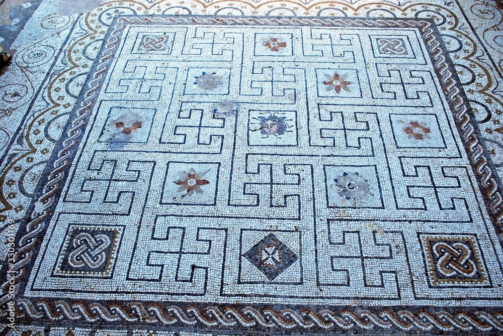View of a decorative mosaic floor, Italica, Spain.
