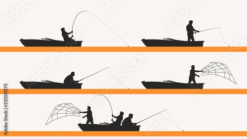 fisherman in boat silhouette set