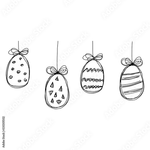 Easter eggs on a string.Doodle illustration.Eggs with a contour line. A careless drawing of Doodle eggs.Black and white illustration.Vector illustration.