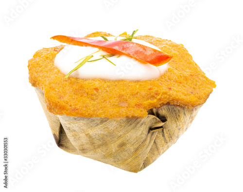 Thai Steamed Fish Curry (Homok), isolated on white background. Clipping path. photo