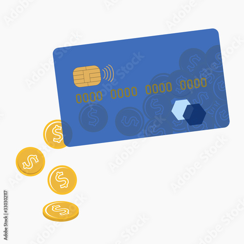 Bank card with drop-down coins. Flat illustration on a banking theme isolated on a white background. Waste or loss of money. Unexpected expenses. Currency card. Cashing