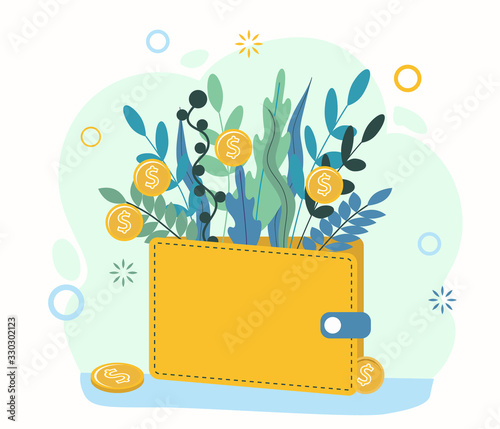 Wallet with coins. Money grows on the branches and leaves of plants. Flat illustration isolated on a white background. Finance, savings, currency, bank deposit.