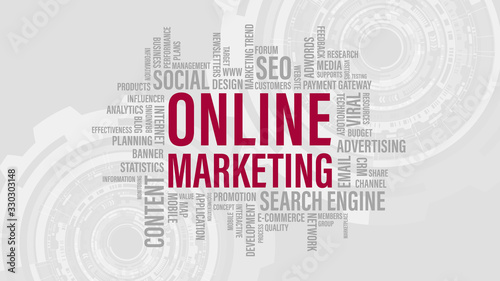 Online marketing in word tag cloud. Digital Online Marketing business and technology background concept. Vector illustration.
