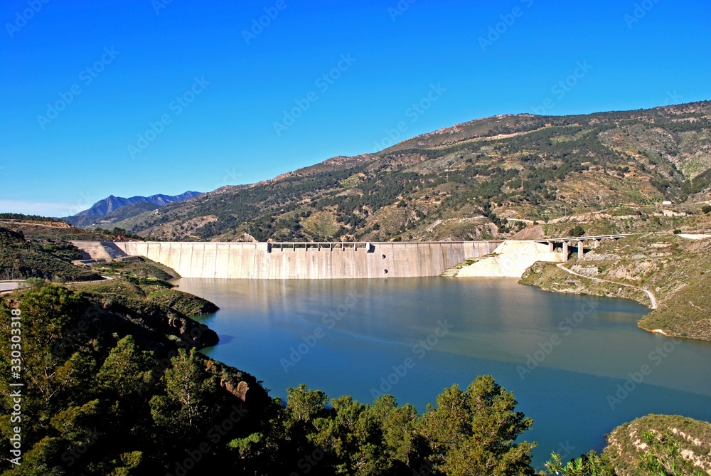 View of the reservoir and dam near Velez Bonaudalla, Spain.