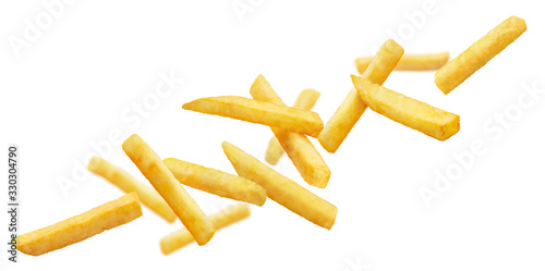 Canvastavla Flying potato fries, isolated on white background