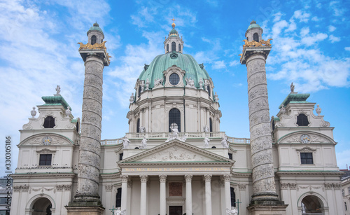 Saint Charles Church (Wiener Karlskirche) at Karlsplatz in Vienna, Austria. Baroque cathedral located in Wien and dedicated to Saint Charles Borromeo