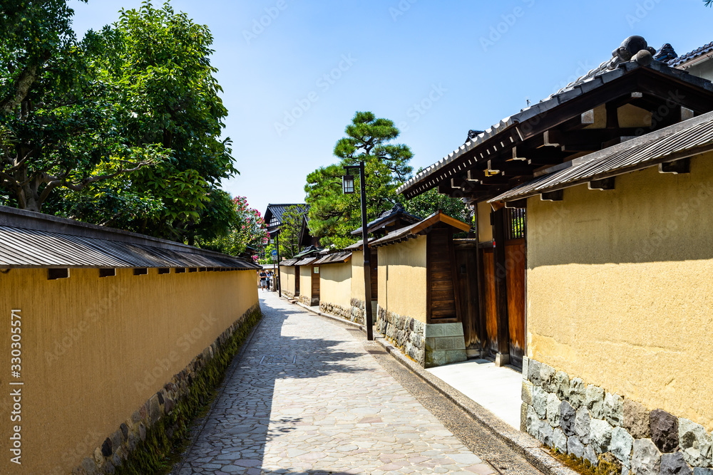 Streets of Nagamachi samurai district in Kanazawa, an area that preserves a historic atmosphere with its remaining samurai residences, Japan