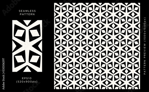 Geometric seamless pattern. Black design on light background. Trendy textile, fabric, wrapping. Modern stylish abstract texture. Vector illustration.