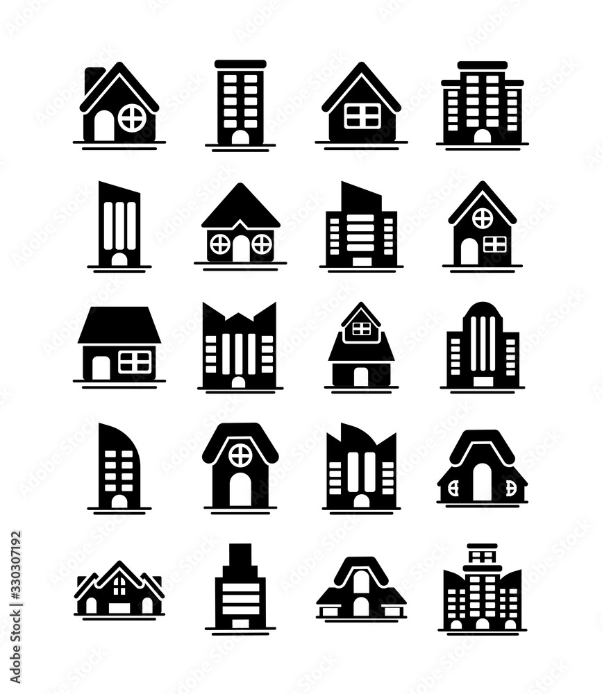 set of icons of towers of apartment, office building and house , silhouette style icon