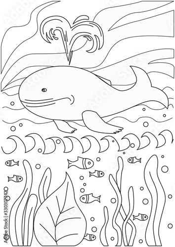 Whale, fish and algae on a white background as a coloring page in A4 format for adults and children, outline vector stock illustration with ocean or sea