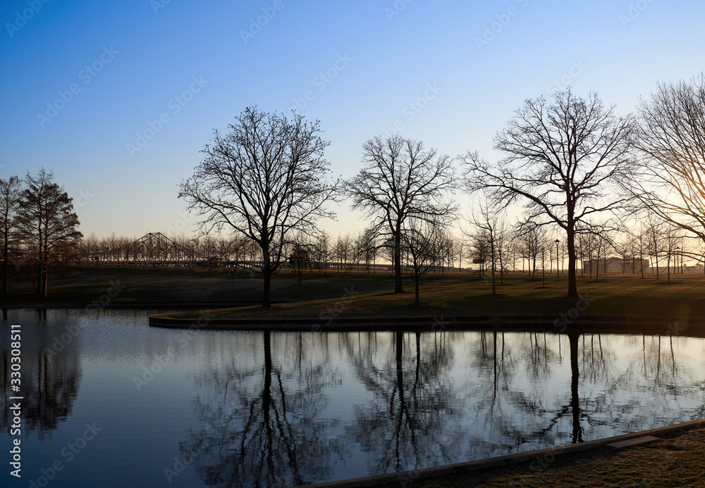 Scenic view of St. Louis Missouri Lake park at Sunrise; Tree in water Lake Mirror Reflection 