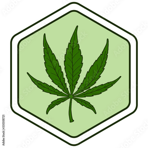 Vector illustration. Hand drawing sketch. Marijuana leaf in the hexagon. Cannabis Green leaf. Isolated on a white.