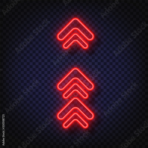 Swipe up neon sign. Glowing neon arrow pointer isolated. Realistic glowing Bright neon arrow. Shining and glowing neon effect.