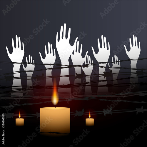 Jewish star with barbed wire and candles, International Holocaust Remembrance Day poster, January 27. World War II Remembrance Day.