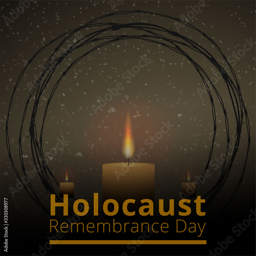 Jewish star with barbed wire and candles, International Holocaust Remembrance Day poster, January 27. World War II Remembrance Day.