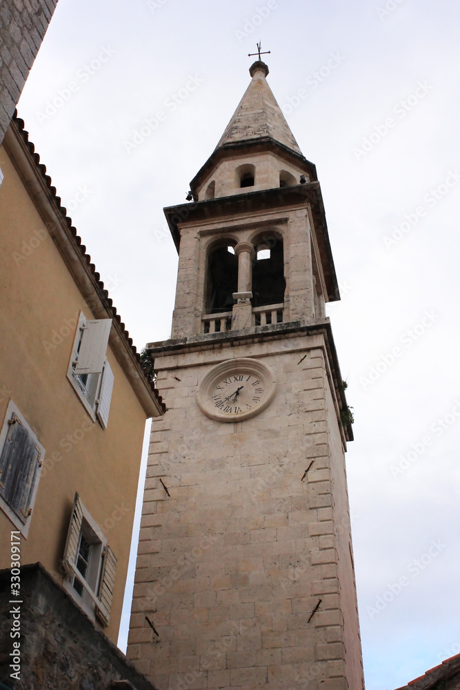 Tower with clock 6 40 pm. Moment in history Montenegro