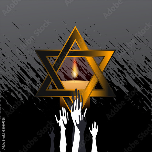 Jewish star with barbed wire and candles, International Holocaust Remembrance Day poster, January 27. World War II Remembrance Day.