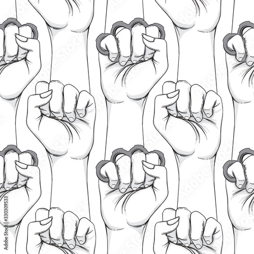 Woman's hand with brass knuckles. Fist raised up. Girl Power. Feminism concept. Realistic style vector illustration in black and white colors. Seamless pattern design.