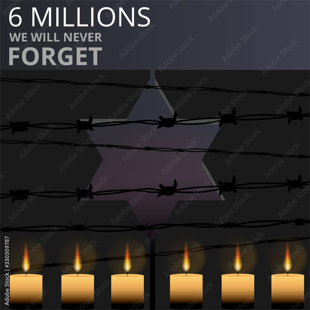 Φωτογραφία Jewish star with barbed wire and candles, International Holocaust Remembrance Day poster, January 27