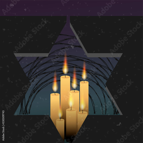 Jewish star with barbed wire and candles, International Holocaust Remembrance Day poster, January 27. World War II Remembrance Day.