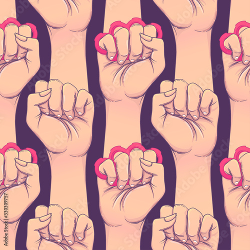 Woman's hand with brass knuckles. Fist raised up. Girl Power. Feminism concept. Realistic style vector illustration in pink and purple pastel goth colors isolated on white. Seamless pattern design..