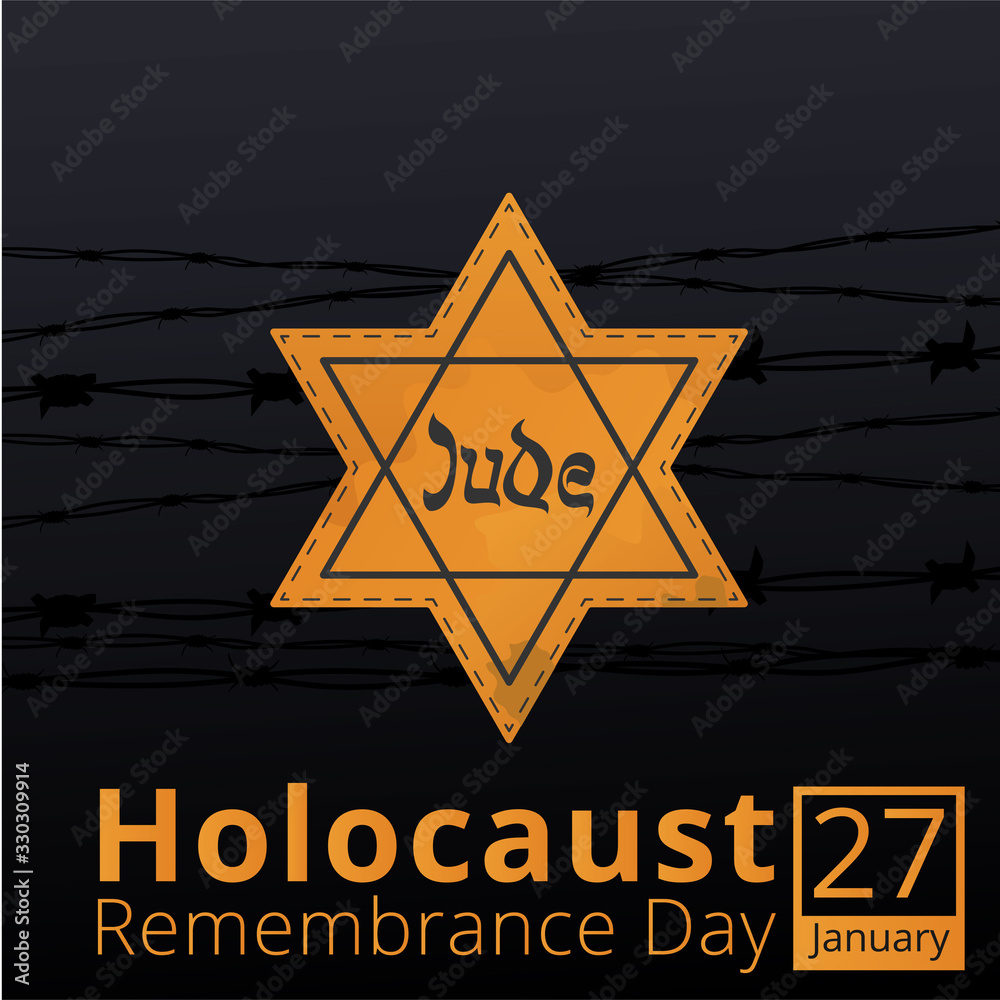 Φωτογραφία Jewish star with barbed wire and candles, International Holocaust Remembrance Day poster, January 27