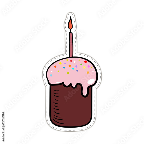 Cute easter Easter cake with a candle on a white background. Colored Easter cake sticker black outline. Delicious Easter cake with pink icing. Cartoon vector isolate illustration. Eps 10