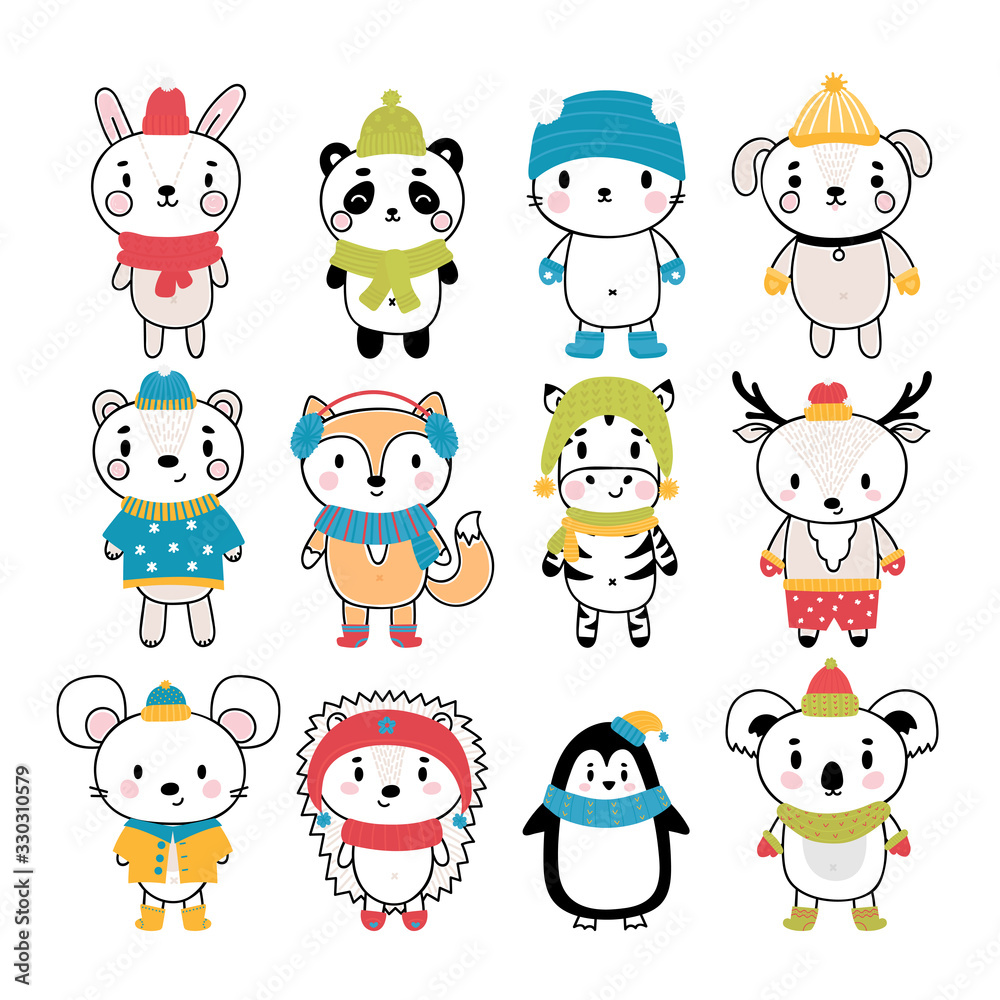 Set of cute hand drawn animals at winter clothes. Funny cartoon characters