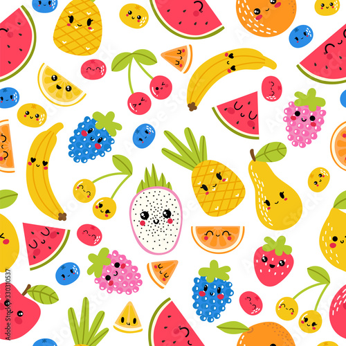Fototapeta Naklejka Na Ścianę i Meble -  Seamless pattern with funny and happy kawaii fruit. Summer tropical healthy food. Cute childish background