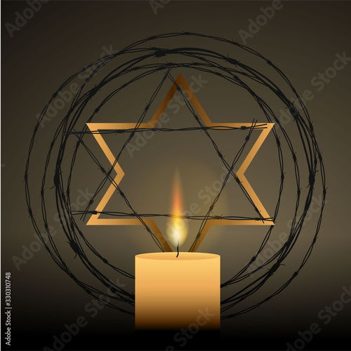 Jewish star with barbed wire and candles, International Holocaust Remembrance Day poster, January 27. World War II Remembrance Day.Yellow Star of David