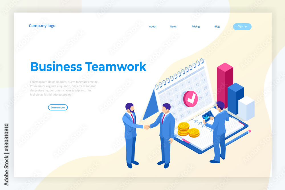 Isometric business concepts. Businessmen and business woman in different situations. Online cooperation, agreement, success, sgoal achievement, financing of projects, online consultation, partnership.