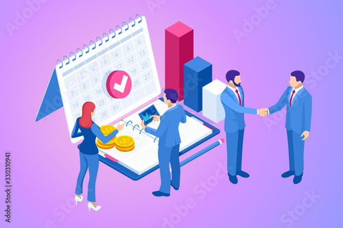 Isometric business concepts. Businessmen and business woman in different situations. Online cooperation, agreement, success, sgoal achievement, financing of projects, online consultation, partnership.