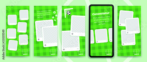 Football / Soccer instagram stories template to reporting live scores. Trendy flat vector on green background.