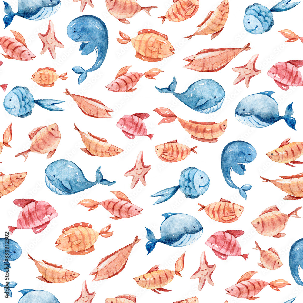 Watercolor hand painted sea life illustration. Seamless pattern on white background. Whale, fish, wave, boat, star fish collection. Perfect for textile design, fabric, wrapping paper, scrapbooking
