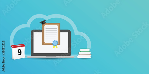 Online education concept.Certificate and book on computer screen.