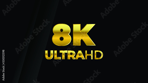 TV screen presenting golden text 8K on a black background