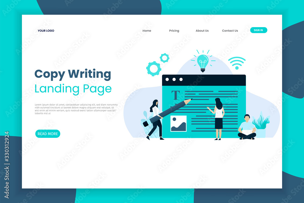 Content writing website interface landing page template. Landing page template