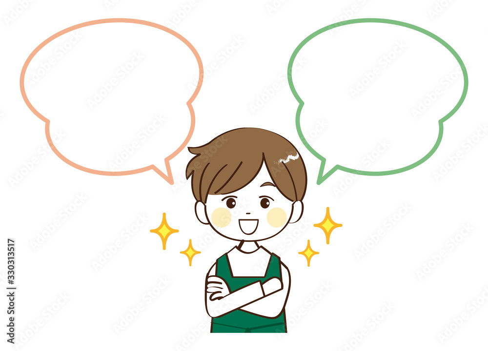 男性、店員、吹き出し、笑顔