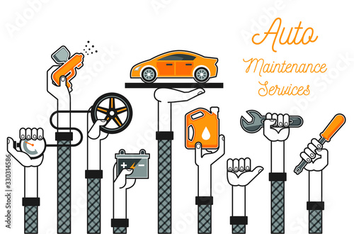 Auto Maintenance Services. Vector Illustrations.